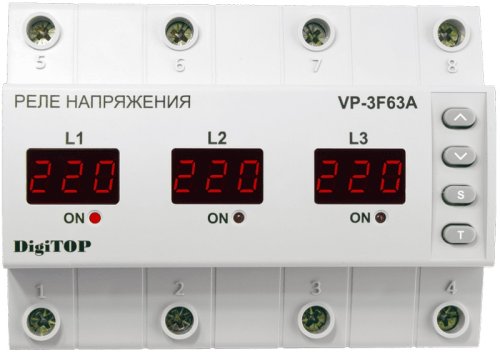 Реле напряжения трехфазное цифровое на DIN-рейку DigiTOP VP-3F63A 3х63А 50-400В картинка